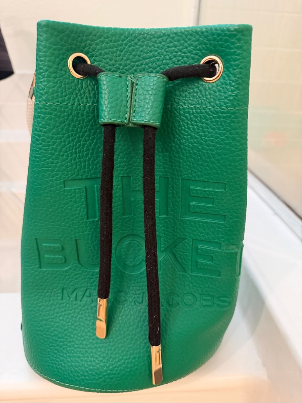 Marc Jacobs Green Pebbled Leather Drawstring Bucket Bag with Black Cord